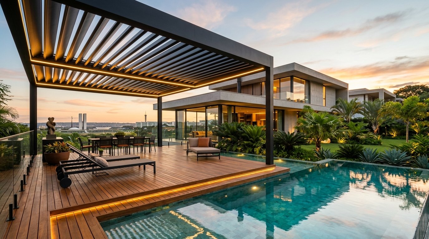 Cobertura bioclimática de alto padrão em residência moderna com deck e piscina em Brasília